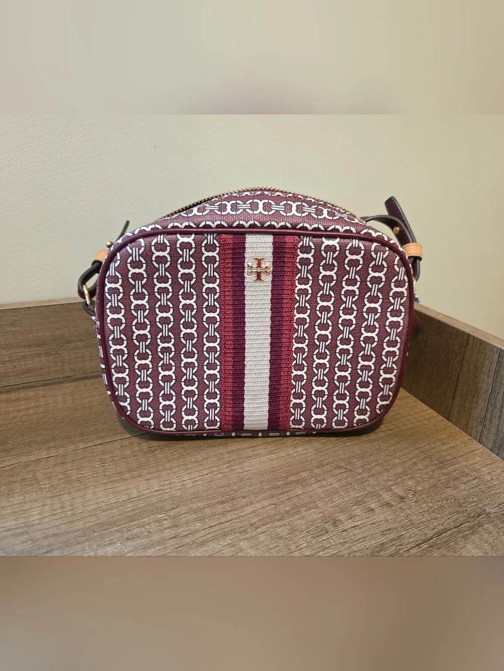 Tory Burch Burgundy and White Patterned Crossbody